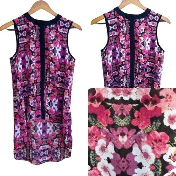 Nicole Tunic Top Sleeveless Button Down Blouse Pansy Floral Pink Black Sz XS - Picture 1 of 12